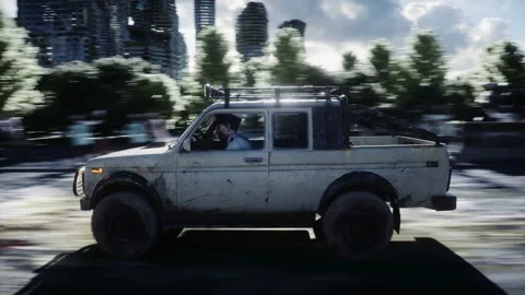 The car goes away from the chase crowd zombies. Destroyed city. Fast driving Stock Footage 96800937