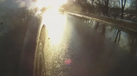 Car goes through the puddles Stock Footage 12134445