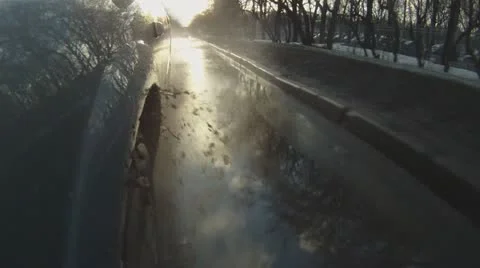 Car goes through the puddles Stock Footage 12134655