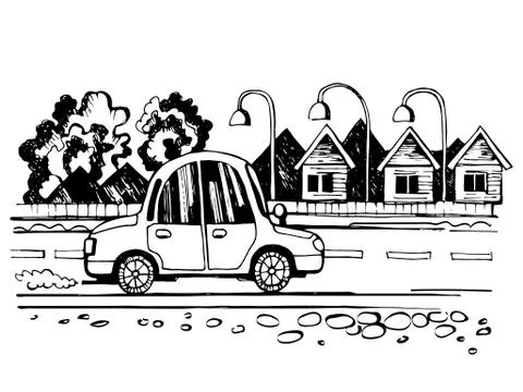 The car is going on the road sketch. Stock Illustration