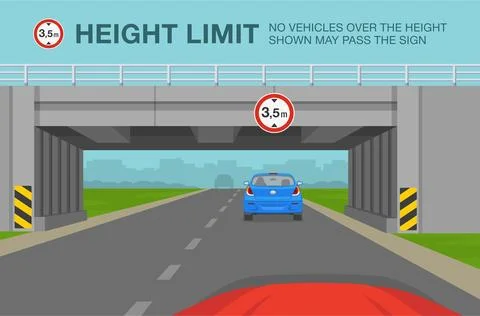 Car going through the tunnel under the bridge. Low bridge or height limit sign. Stock Illustration