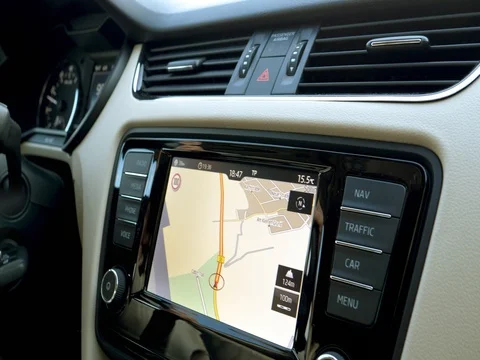 Car GPS dashboard driving in city flare Stock Footage 76977376