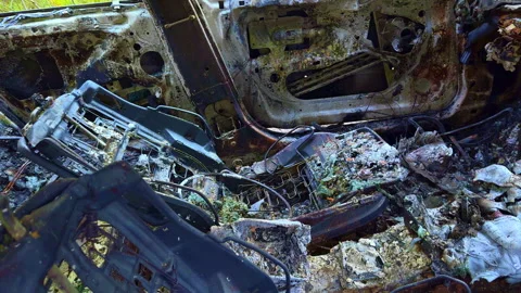 A car that has burned down burnt cars. Stock Footage 304238731