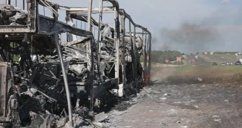 Car Hauler Burnt on the Side of Interstate 40 in NM Stock Footage 244451606