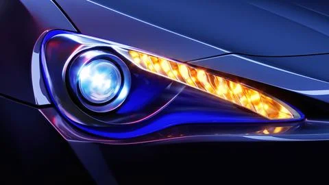 Car headlight with copy space macro view. Led or xenon lamp. Stock Illustration
