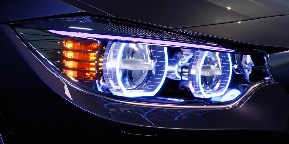 Car headlight with copy space macro view. Led or xenon lamp. Stock Illustration