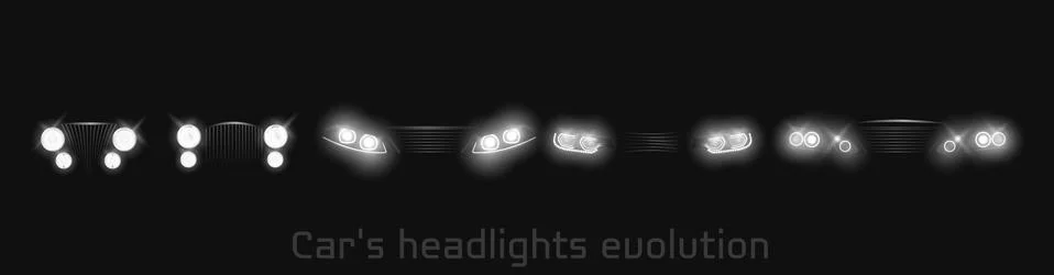 Car headlights evolution, glowing front headlamps Illustrazione stock