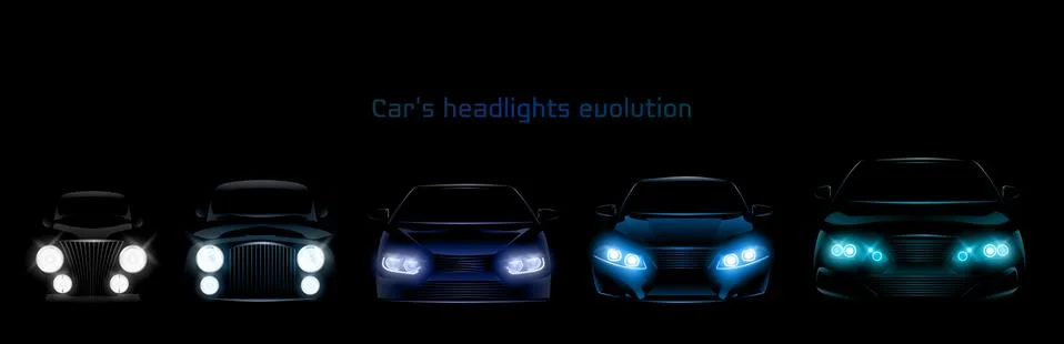 Car headlights evolution, glowing front headlamps Illustrazione stock