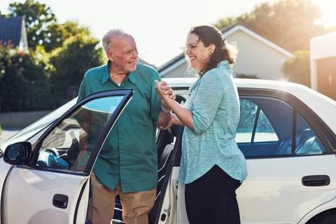 Car, help and caregiver woman with old man for assisted living, retirement care Stock Photos