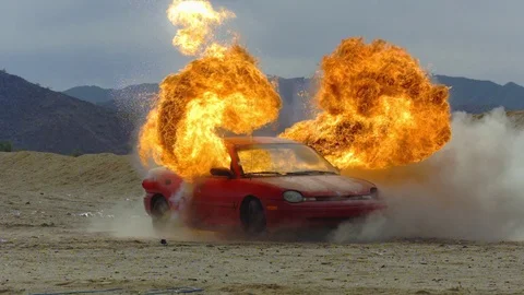 Car Hit by Bullets and Explodes in Slow Motion Stock Footage