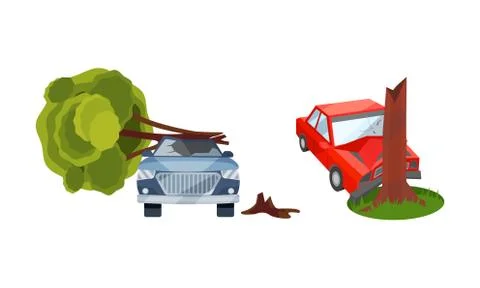 Car Hitting Against Tree Trunk Causing Wreckage and Deformation Vector Set Stock Illustration