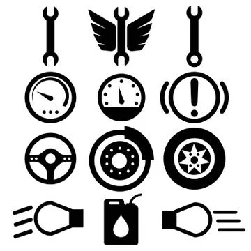 Car icon with basic car symbols: car repair, key, speed steering, wheel, car  Stock Illustration