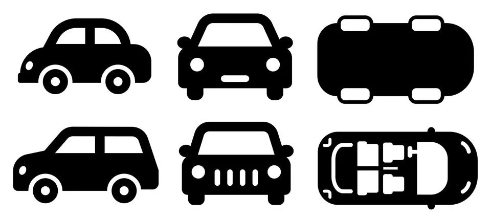 Car icon set side front top view automobile vehicle silhouettes isolated Stock-Illustration