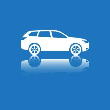 Car Icon. Vector silhouette. White on blue. Stock Illustration