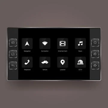 Car infotainment interface dashboard with app icons dark theme Stock Illustration