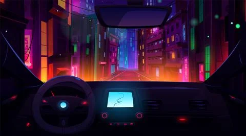Car inside dashboard and future neon road view Ilustración de archivo