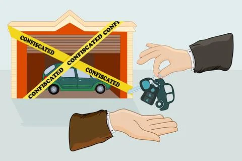 Car inside of the garage with yellow warning tapes and hands giving keys. Stock Illustration