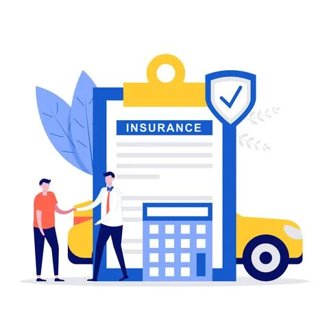 Car insurance concept with car, contract paper and people characters. Modern  Stock Illustration
