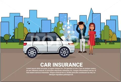 Car Insurance Service Concept People Standing At Broken Vehicle On Road Over Stock Illustrationen