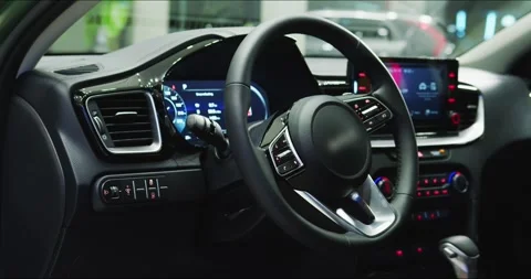 Car interior details. Steering wheel Inside car interior, Multimedia touchscreen Stock Footage 304090511