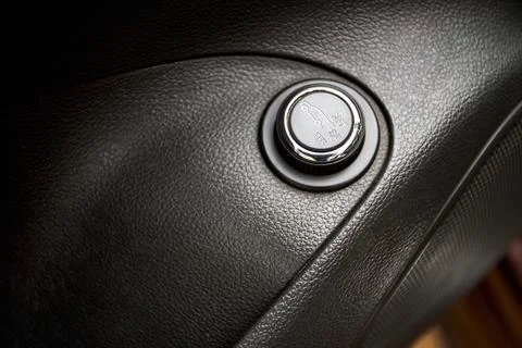 Car interior door panel featuring power liftgate control knob. Round silver d Stock Photos