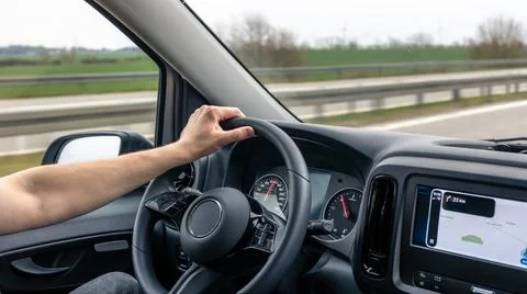 Car Interior With Driver Hands And Highway Navigation Stock Photos