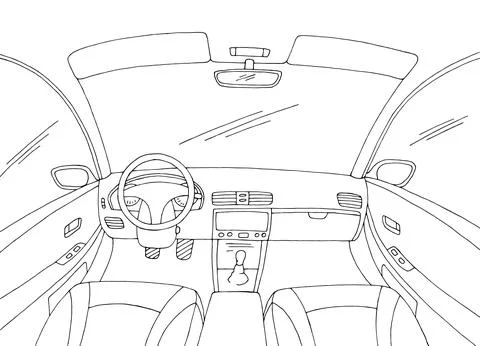 Car interior graphic black white sketch illustration vector Stock Illustration