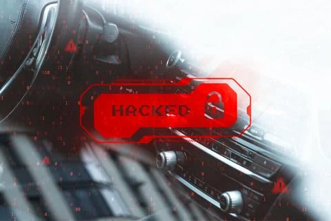 Car interior with red hacked warning interface, digital binary code and unloc Fotos de archivo