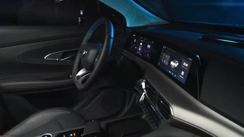 Car interior shot in a black studio. Artificial lighting. Slow camera movement Stock Footage 273278466