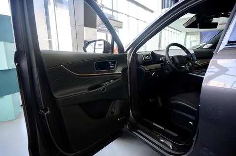 Car interior - steering wheel, shift lever and dashboard. Car modern inside. Stock Photos