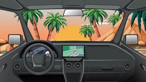 Car Interior View with GPS Navigation Facing Tropical Sunset Road Stock Illustration