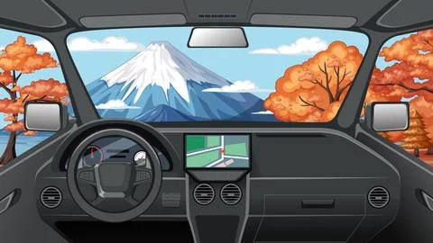 Car Interior View of Snow Capped Mountain and Autumn Trees Stock Illustration