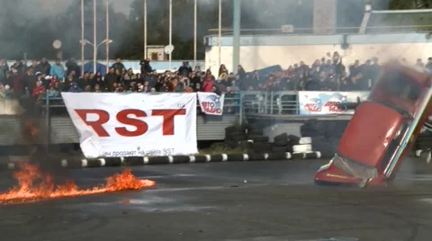 Car jumps over an obstacle and breaks Stock Footage 33801092