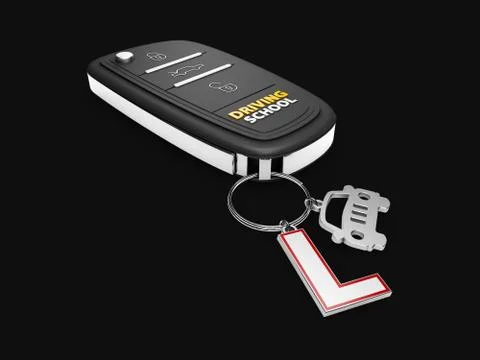 Car key with car and learner driver sign, isolated black, 3d Illustration Stock Illustration