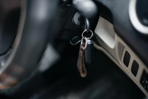 Car key into ignition lock. close up Foto stock