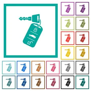 Car key with remote control flat color icons with quadrant frames Stock Illustration