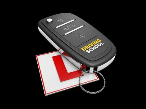 Car key on the white learner driver sign, isolated black, 3d Illustration Stock Illustration