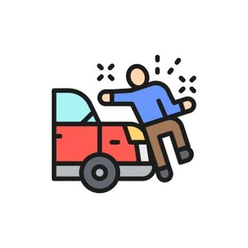 Car knocks down a man, crash flat color line icon. Illustrazione stock