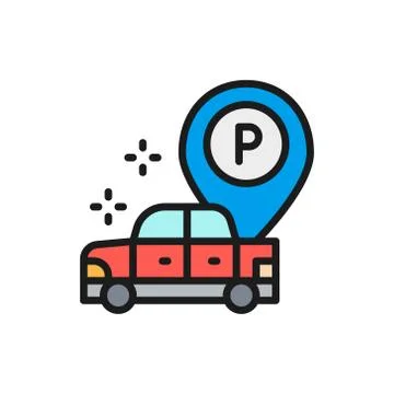 Car with large parking pointer flat color line icon. Stock Illustration