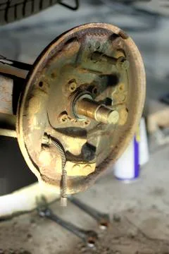 Car on a lift. basic replacement of the rear brake system Stock Photos