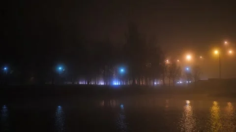 Car lights flick through tree trunks in dark foggy park, lake on foreground 스톡 동영상 143614948