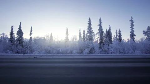 Car lights in winter forest Video stock 90468522