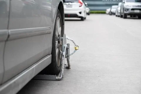 The car is locked wheels due to parking in a prohibited place. Stock Photos