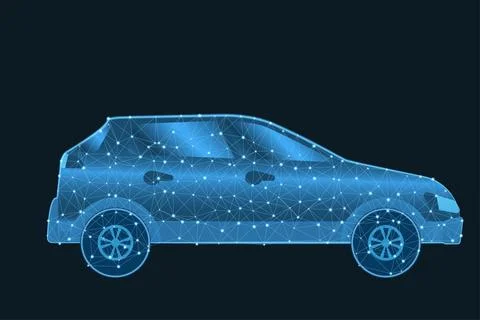 Car low poly wireframe with glowing dots and lines Stock Illustration