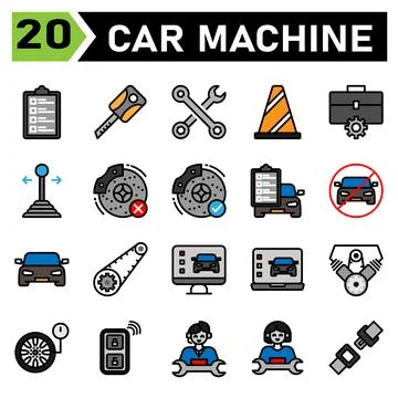 Car machine icon set include car service, list, mechanic, repair, automobile, Stock Illustration