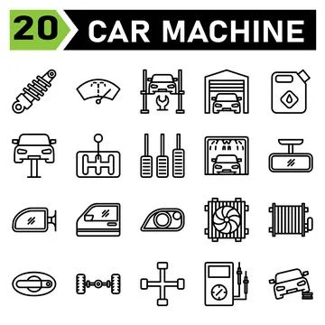 Car machine icon set include shock breaker, service, automobile, car part, wa Stock Illustration