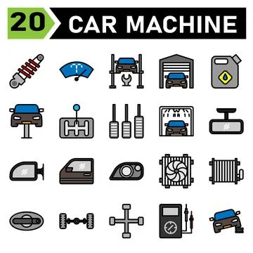 Car machine icon set include shock breaker, service, automobile, car part, wa Stock Illustration
