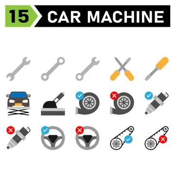 Car machine icon set include tools, tool, wrench, setting, car, screwdriver,  Stock Illustration