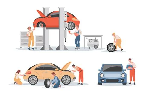 Car maintenance service vector flat illustration. Mechanics washing the car Stock Illustration
