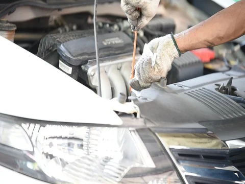 Car maintenance servicing mechanic pouring new oil lubricant into the car engine 库存影片 77633397